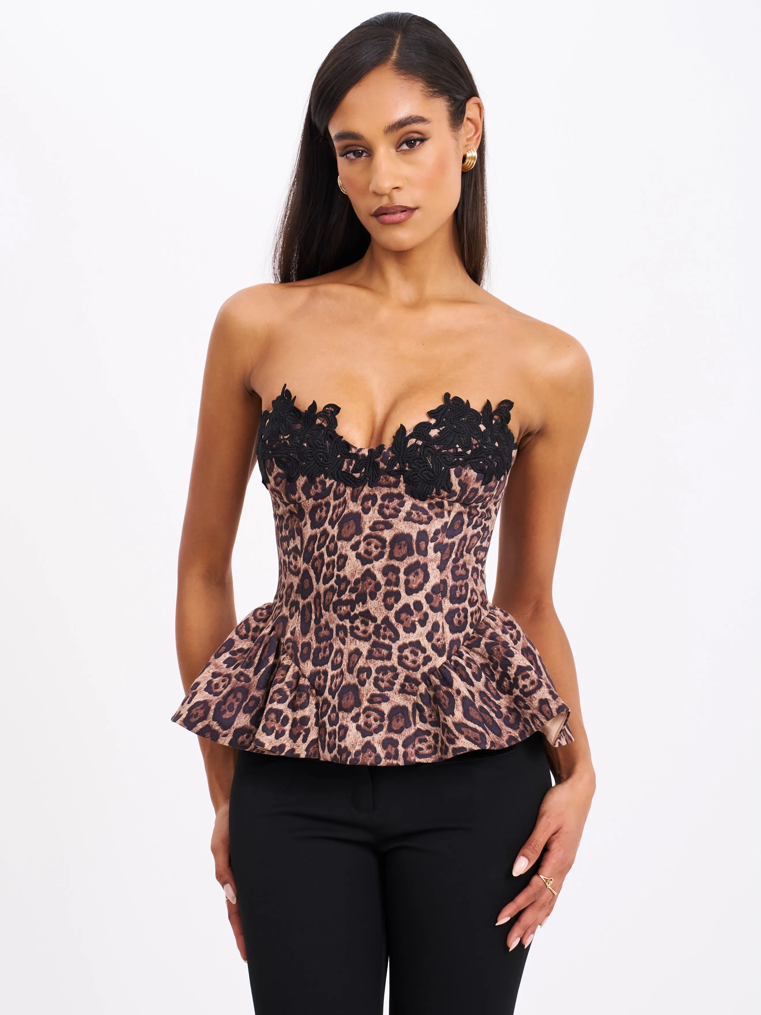 Qiara Cheetah Print Peplum Top with Lace Trim