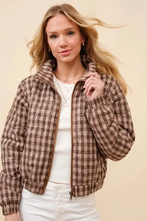 Sequin Plaid Mock Neck Crop Puffer