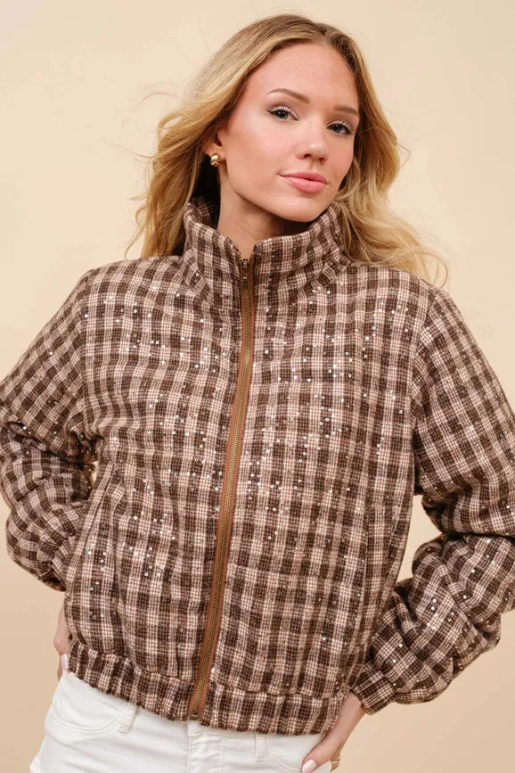 Sequin Plaid Mock Neck Crop Puffer