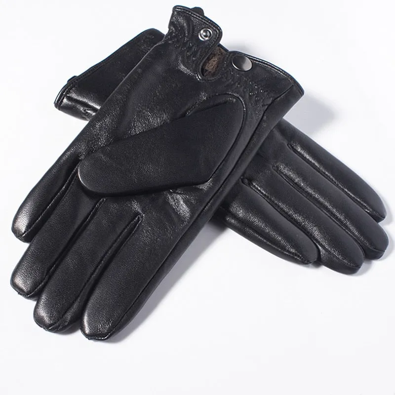 Stylish Black Warm Real Leather Touch Screen Gloves With Buttons For Men