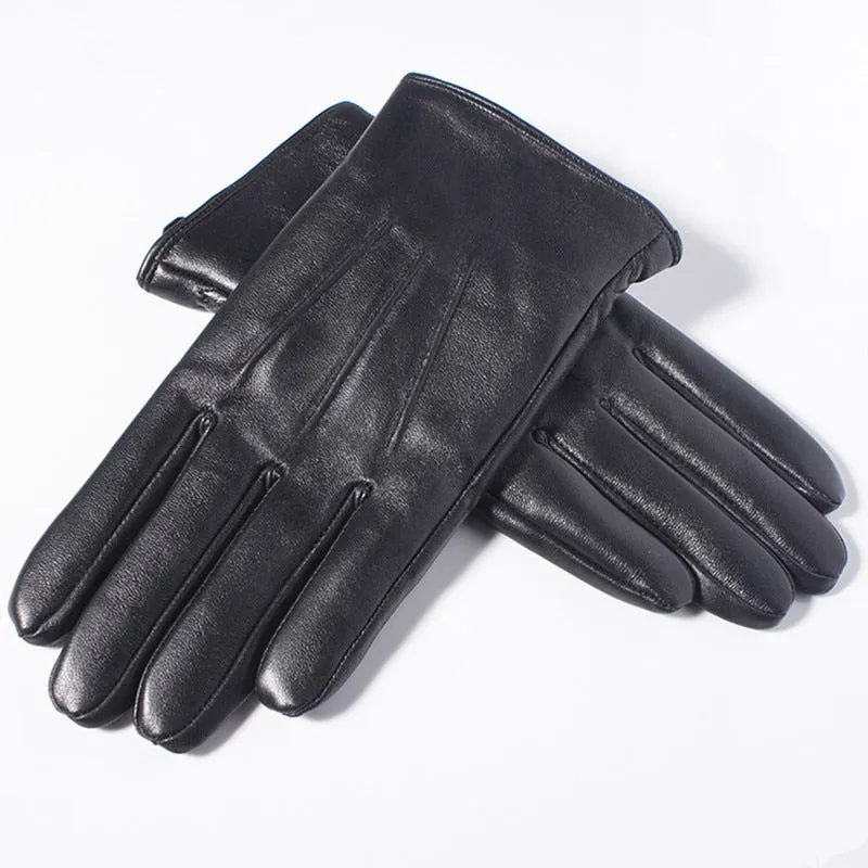 Stylish Black Warm Real Leather Touch Screen Gloves With Buttons For Men