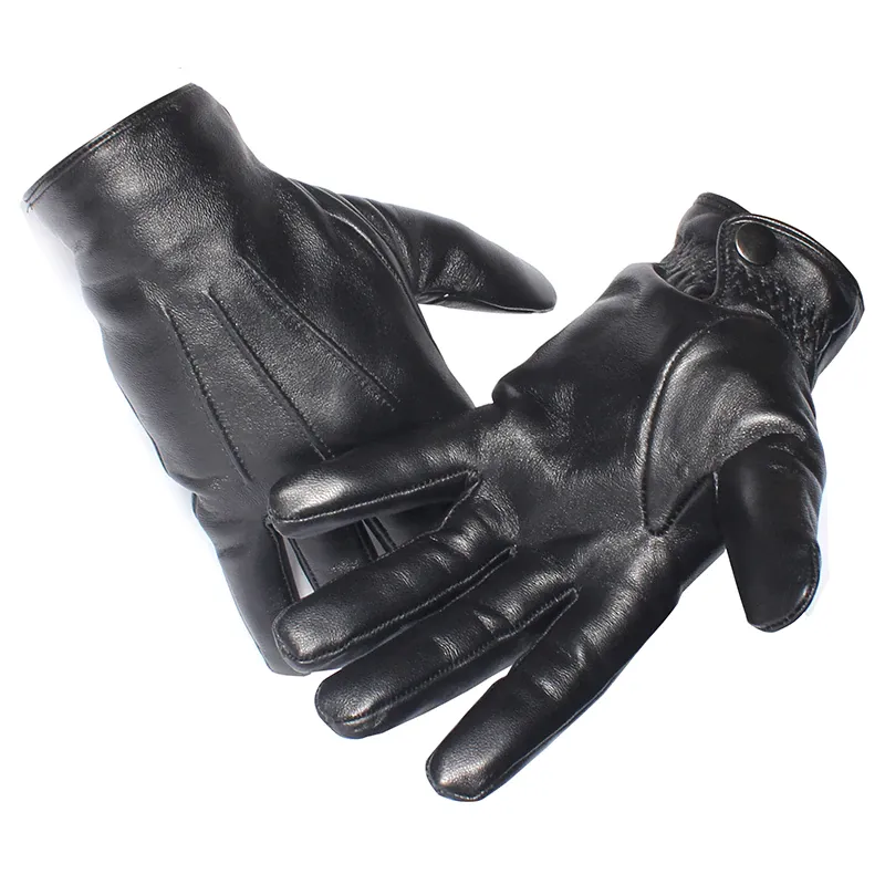 Stylish Black Warm Real Leather Touch Screen Gloves With Buttons For Men