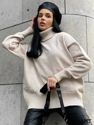 Women's Thick Oversize Winter Warm White Pullovers High Neck Oversized Sweater