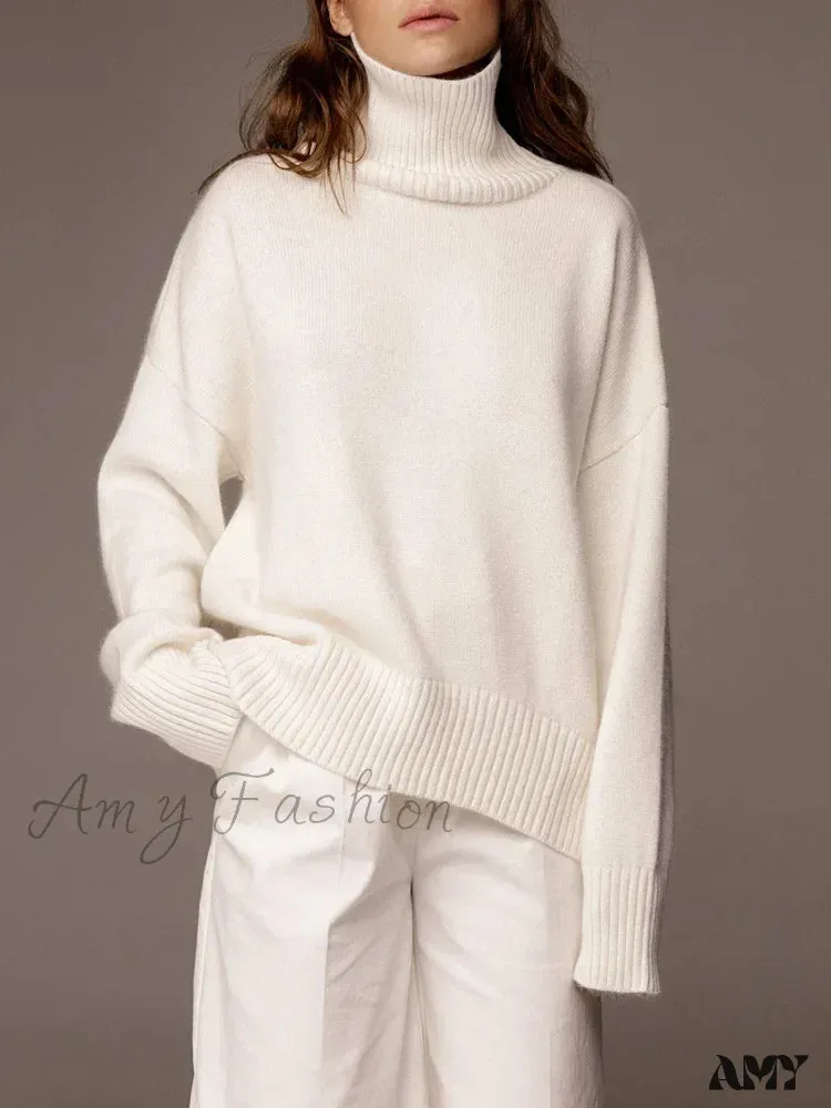 Women's Thick Oversize Winter Warm White Pullovers High Neck Oversized Sweater