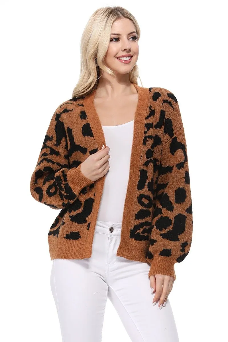 Yemak Women's Chunky Leopard Print Open Front Long Sleeve Jacket Sweater Cardigan HK8254LEO