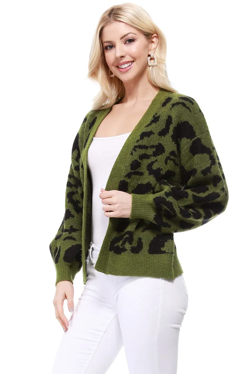 Yemak Women's Chunky Leopard Print Open Front Long Sleeve Jacket Sweater Cardigan HK8254LEO