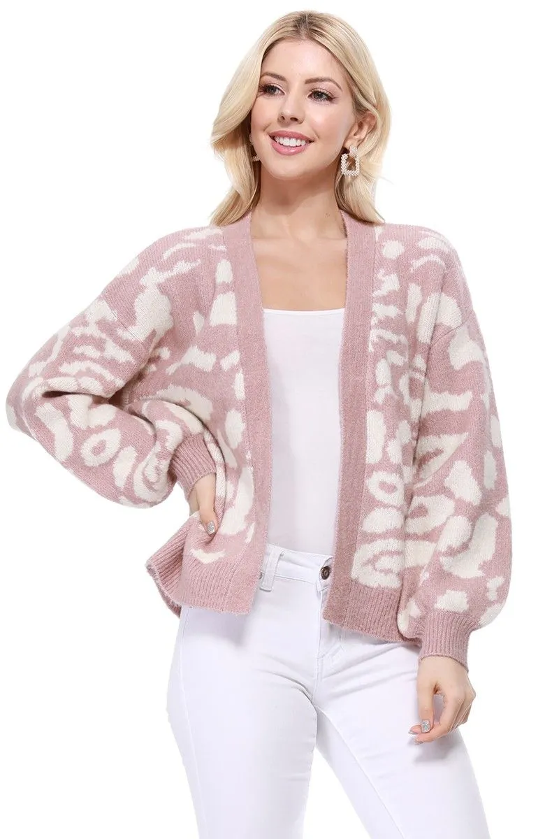 Yemak Women's Chunky Leopard Print Open Front Long Sleeve Jacket Sweater Cardigan HK8254LEO