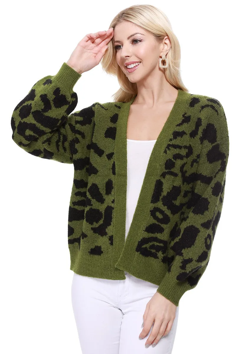 Yemak Women's Chunky Leopard Print Open Front Long Sleeve Jacket Sweater Cardigan HK8254LEO