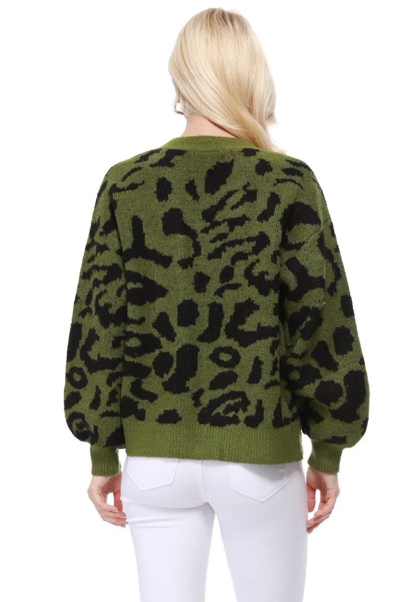 Yemak Women's Chunky Leopard Print Open Front Long Sleeve Jacket Sweater Cardigan HK8254LEO