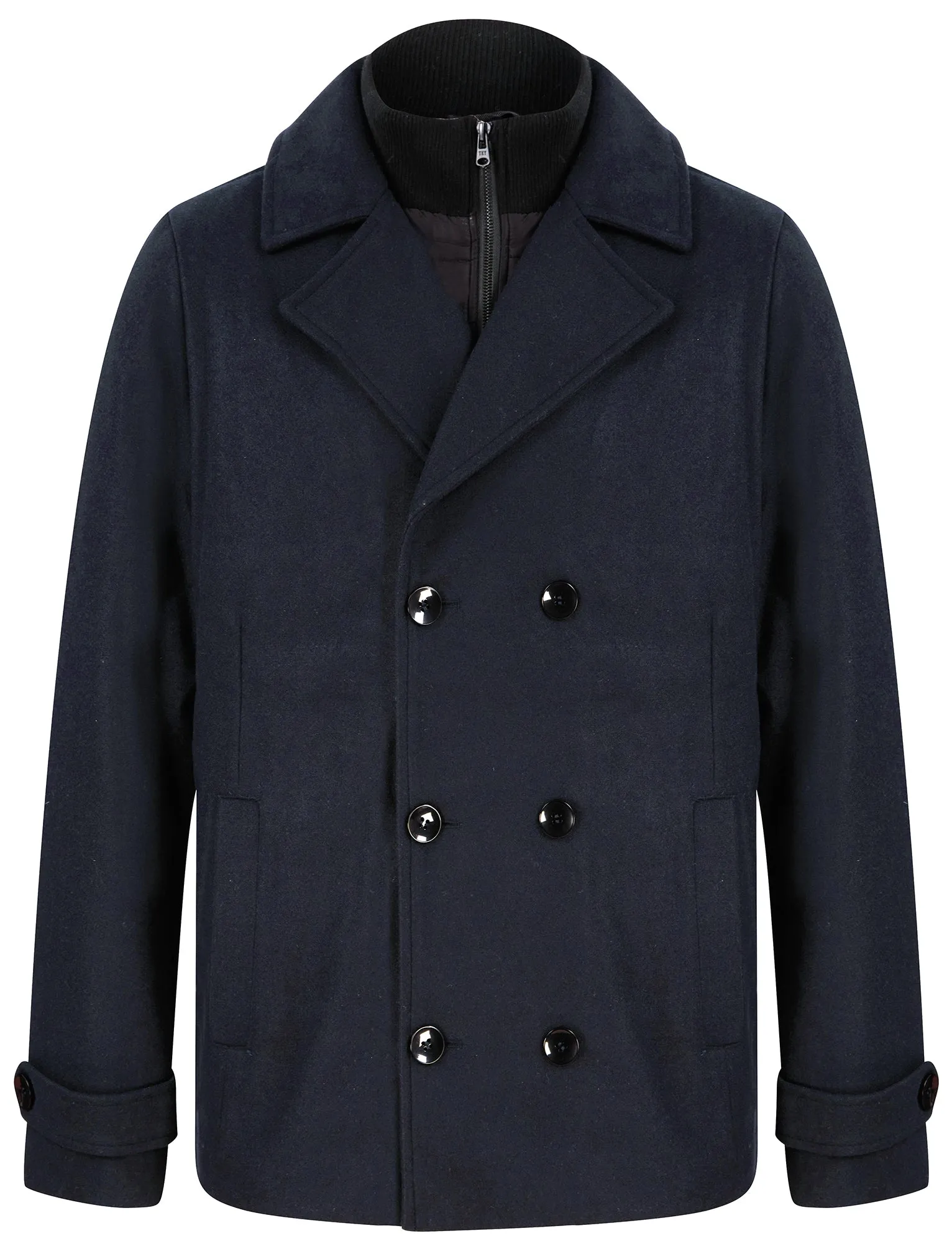 Zemu Double Breasted Wool Look Pea Coat with Quilted Mock Insert in Navy - Tokyo Laundry